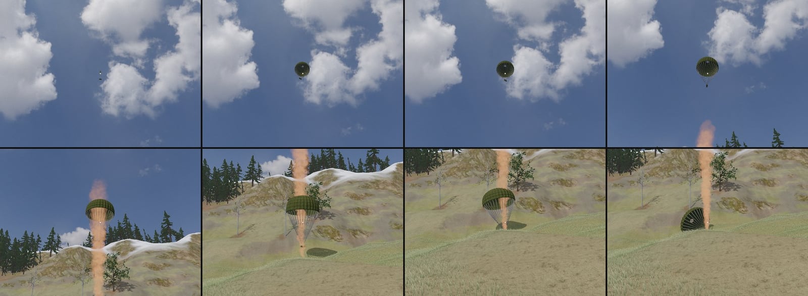 Eight moments of a crate coming down. A speck in the sky where it leaves the helicopter; the green canopy opening over it; the crate under it against the clouds; coming down onto a column of orange smoke that marks the place; nearly on the grass; down, with the canopy standing over it; the canopy laid over on the ground beside it