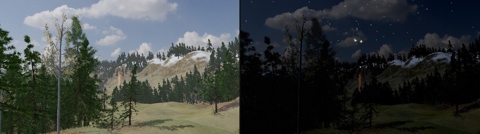 The same hillside from 320 metres off, by day and by night. By day a thin column of orange smoke against the pines. By night the smoke lit from below, and over it in the sky two small lights, one white and one green