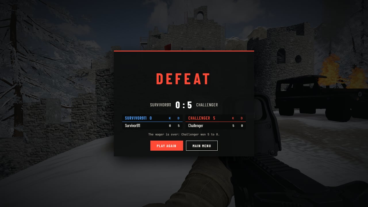 A dark card over the dimmed fort: DEFEAT, the final score 0 : 3 between the two sides' names, both sides' kills and deaths, the words The wager is over: Challenger won 3 to 0, and two buttons, Play again and Main menu