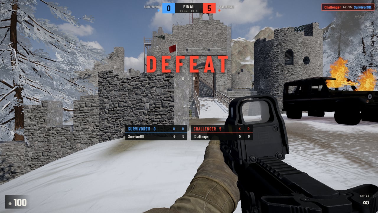 The same view with DEFEAT in large red letters and 0 : 3 under it, FINAL between the scores 0 and 3 at the top, and two scoreboard tables, each player's kills and deaths