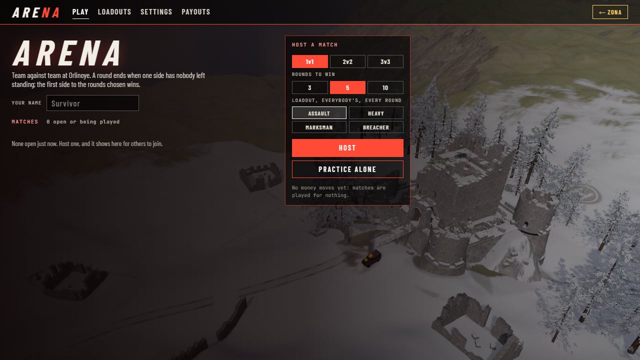 The Arena's menu in red over the fort seen from the air: Play, Loadouts, Settings, Payouts, a name field, the list of matches, and a panel to host one, 1v1 to 3v3, 3, 5 or 10 rounds, four loadouts, Host and Practice alone