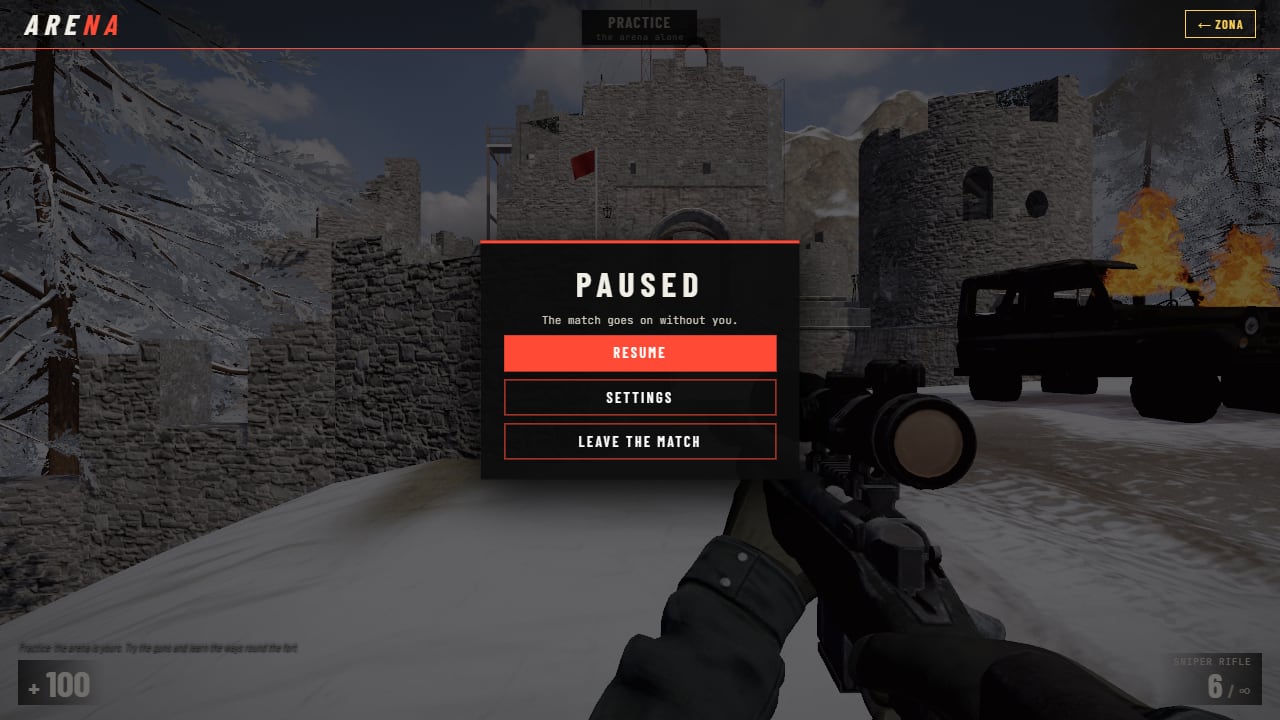 In a match, first person with the sniper rifle at the fort's gate: a card reading Paused, The match goes on without you, with Resume, Settings and Leave the match; at the foot, health 100 and Sniper rifle 6 over an infinity sign