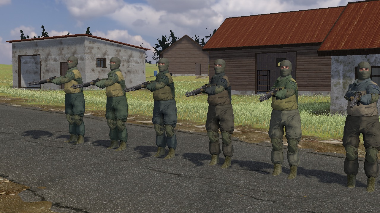 Six moments of a player standing with a shotgun at the ready, arms clear of the body