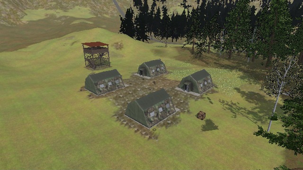 Four camouflage army tents round a dirt yard with a watchtower behind, in a clearing of the wood