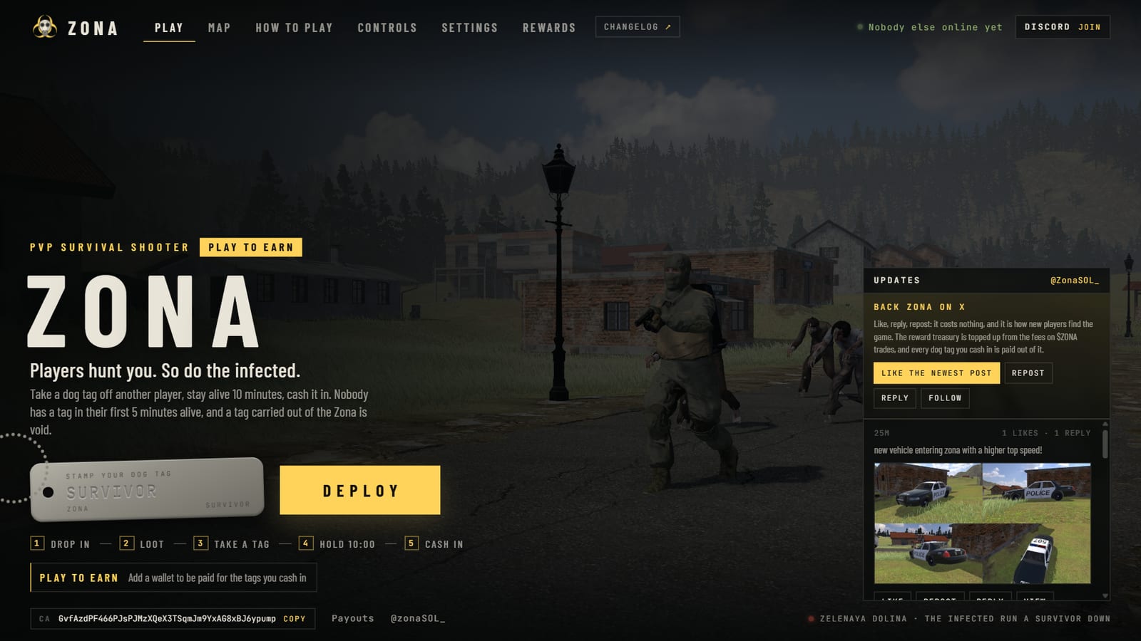The main menu, with a panel in its corner headed Back ZONA on X: a few lines saying why, buttons to like the newest post, repost, reply and follow, and under them the game's newest post with its pictures