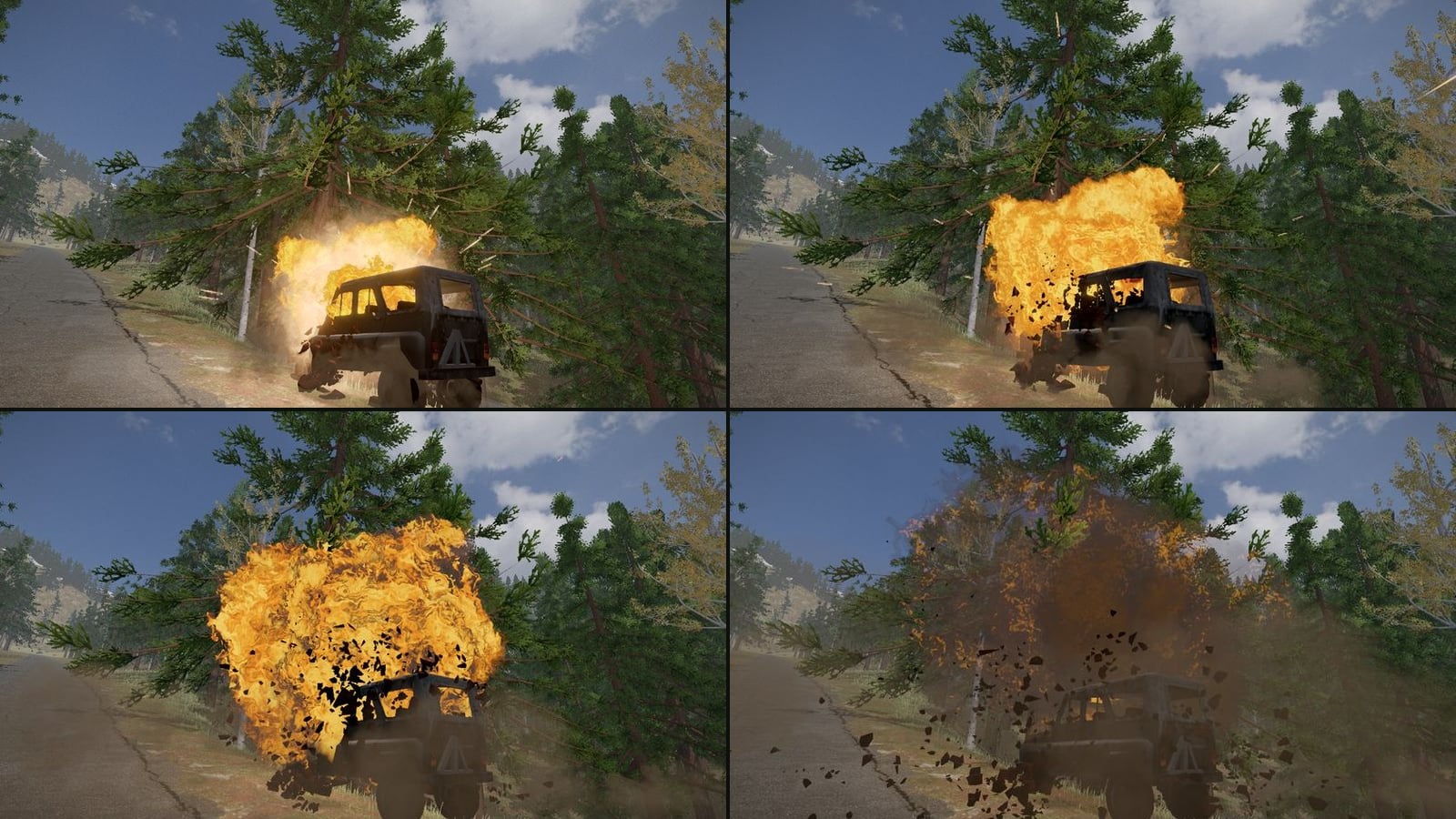 Four moments of a jeep going up on a forest road. A white flash and fire bursting from under it; a ball of yellow fire swelling over it; the fire at its biggest, with dark pieces flying out of it; brown smoke and soot, with pieces still in the air