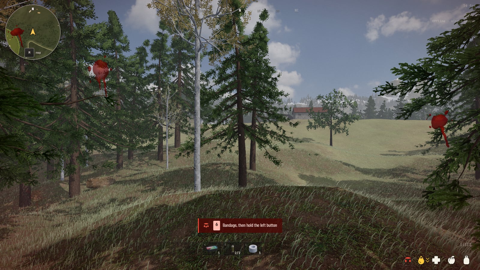 First person in a wood with three wounds open: three dark splashes of blood on the glass, each with a run below it; over the hotbar one red line, the key 6 and the words Bandage, then hold the left button; and in the bottom right corner the symbols: a red wound, a yellow drop of blood with arrows pointing down beside it, a white cross, an apple and a flask
