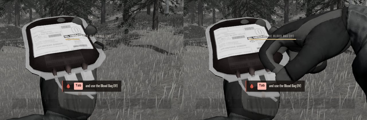 First person: a blood bag lying on the left hand, the right hand coming to it