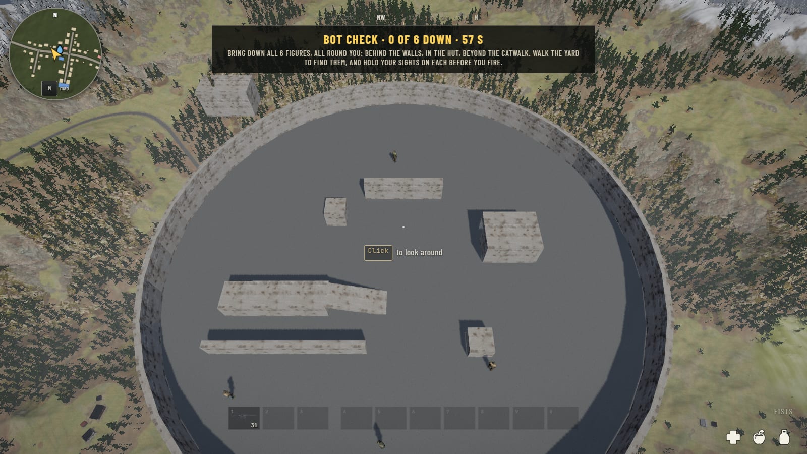 The bot check from above: a round yard walled by an earth bank, low walls, a hut, a raised catwalk with a ramp and a crate, and figures standing behind them; over it the words Bot check, 0 of 6 down, 57 s