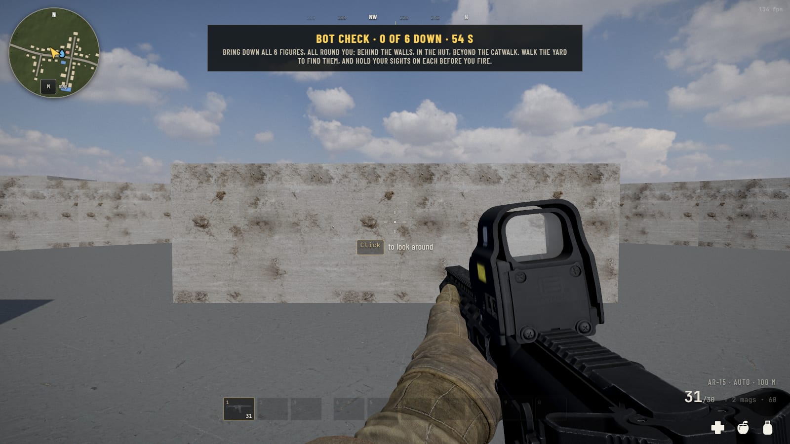First person at the start of the bot check, an AR-15 with a holographic sight, a wall ahead and more walls to either side