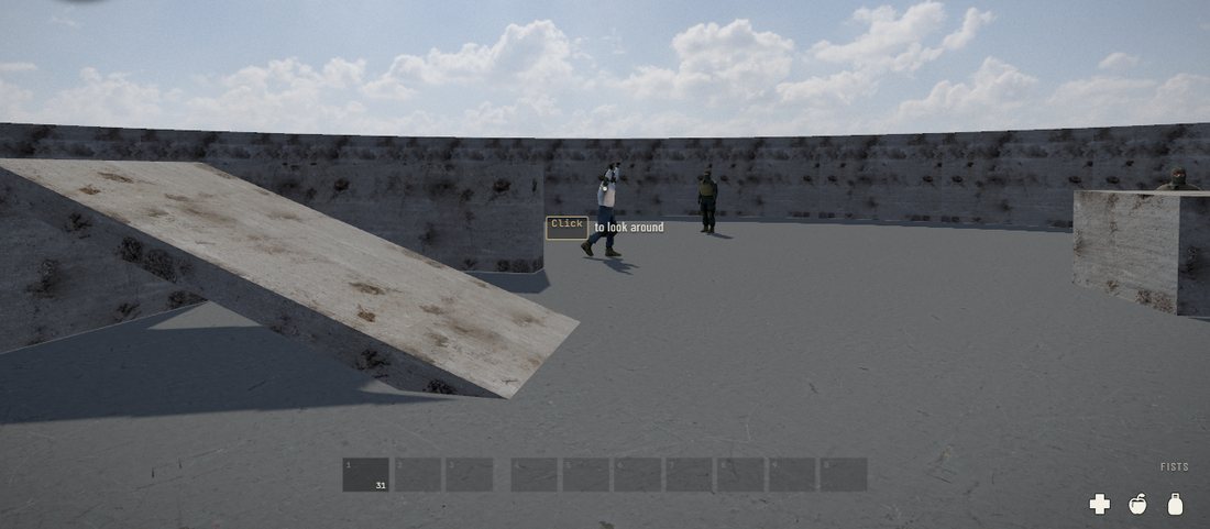 The bot check's yard, mirrored: the ramp up to the catwalk on the left, and a figure in a pale shirt walking with their hands up beside an armed figure