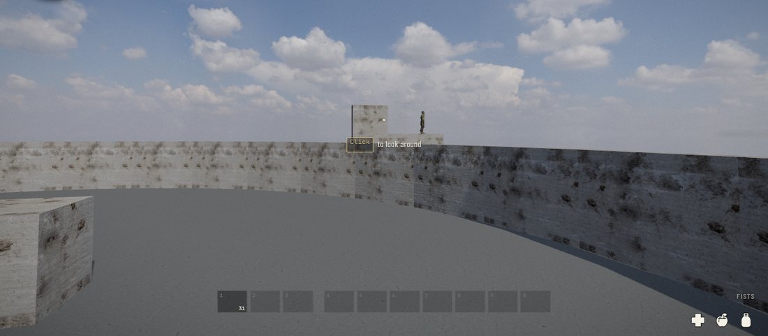 Beyond the ring wall a tall slab stands beside the plinth, and the far figure stands on the plinth next to it