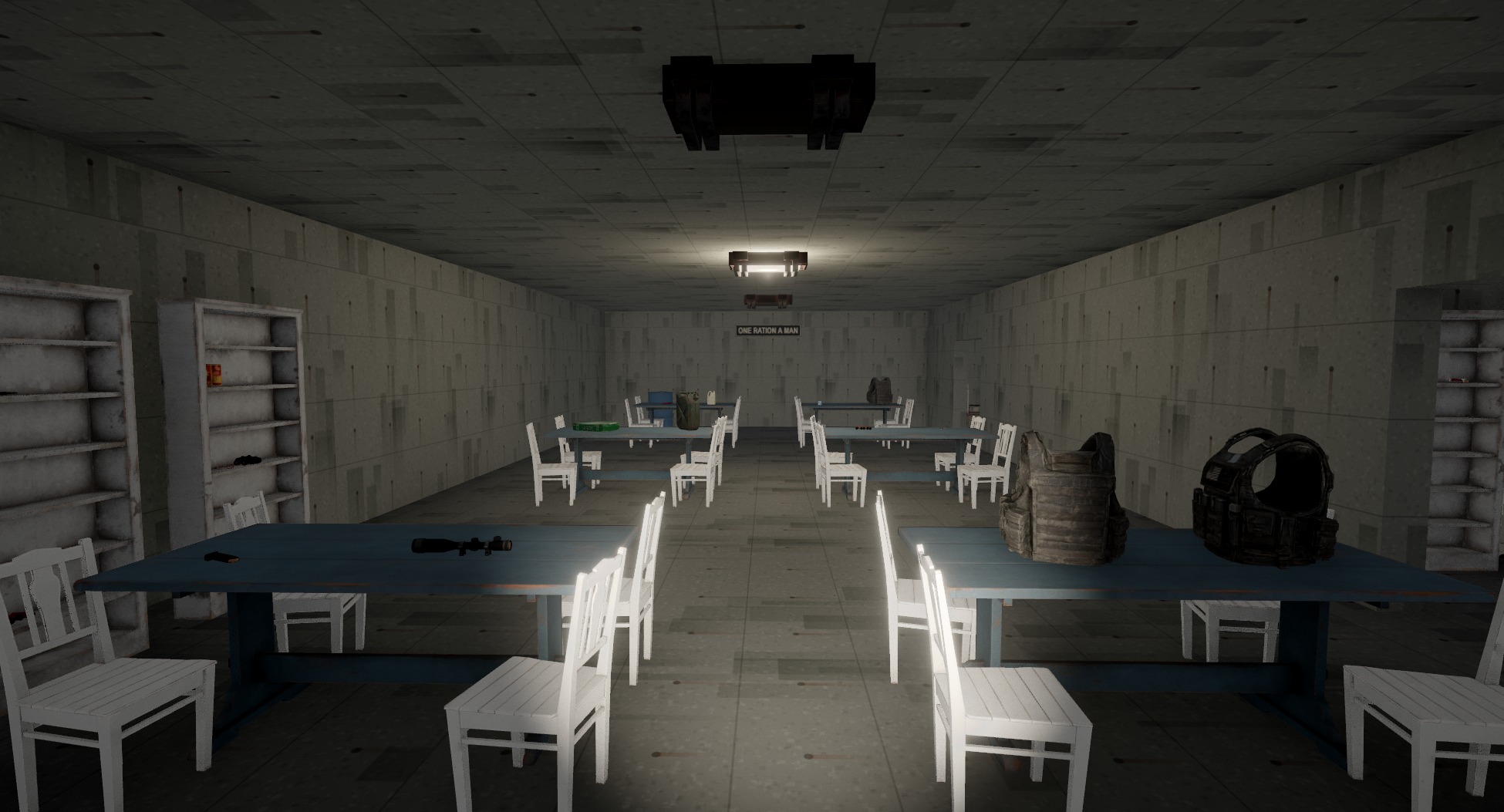The mess hall with loot lying on its tables