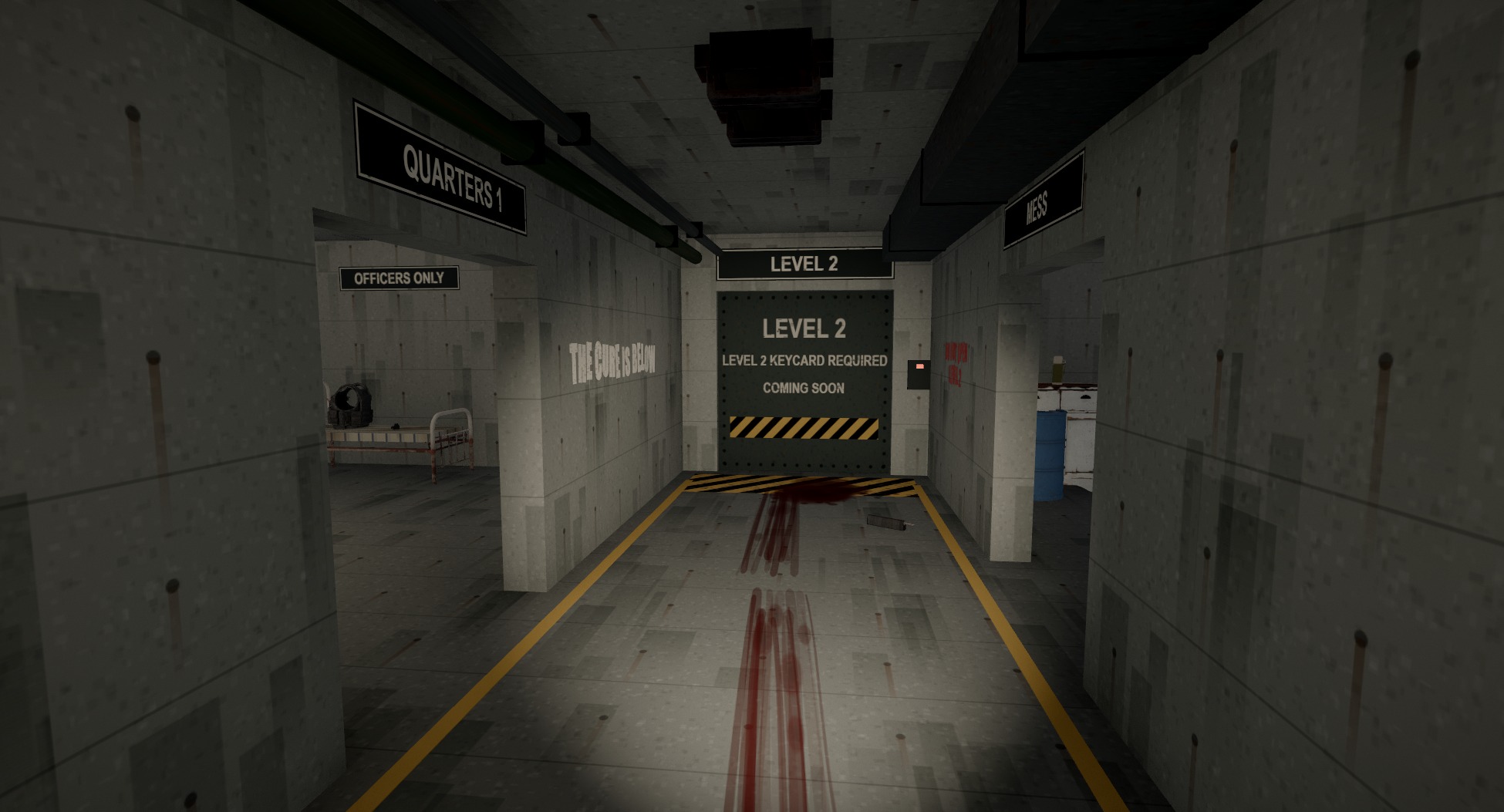 The bunker's main passage: painted lines, warning paint at the sealed door, old blood and writing on the wall
