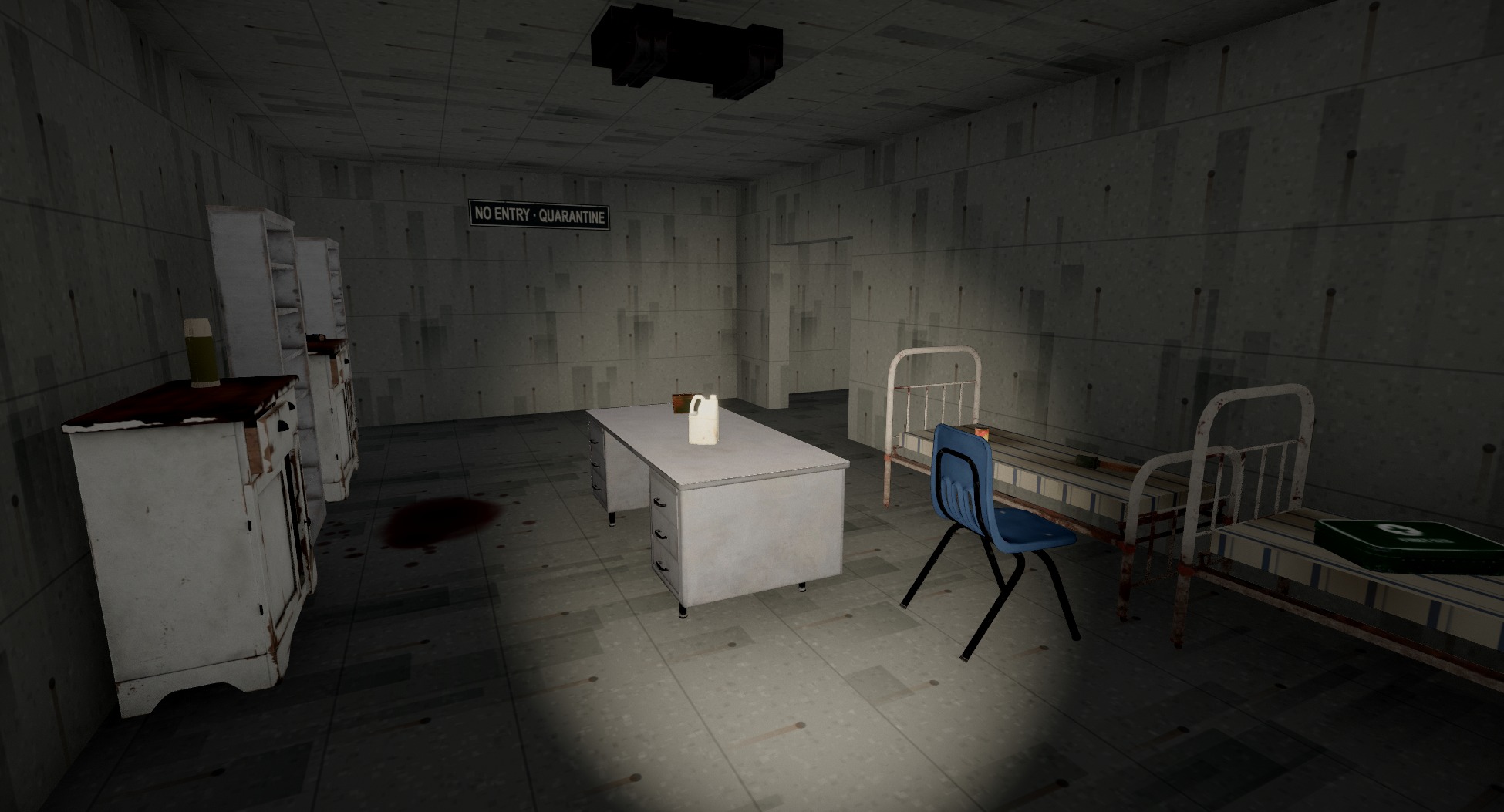 The sick bay: beds with mattresses, a chair by each