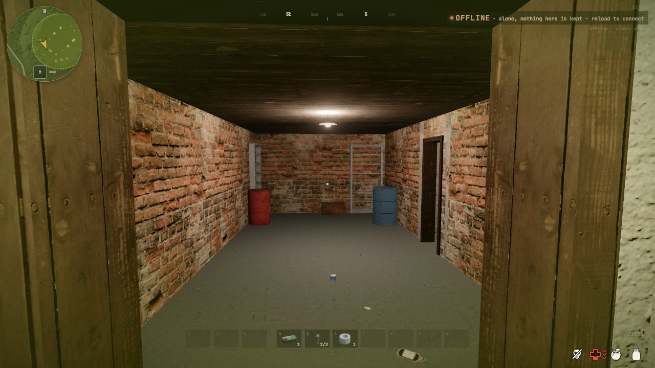 A long brick cellar with a wooden ceiling and a bulb, barrels at the far end and a doorway to a passage