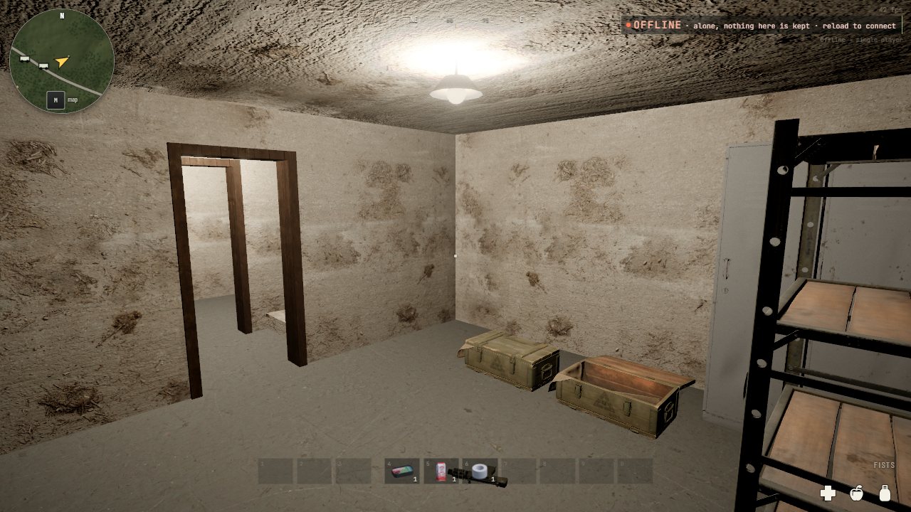 A concrete vault lit by a bulb: military crates on the floor, a steel locker and a rack, a doorway to the shaft