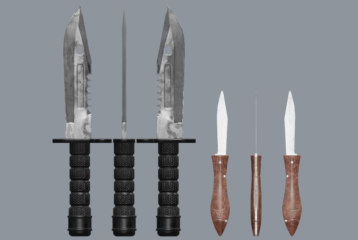 Two knives at one scale, each shown flat, edge-on and from the other side. On the left the Combat Knife: a clip-point blade with saw teeth on its spine, a steel cross guard and a black ribbed grip. On the right the shorter Fish Knife, with a wooden handle