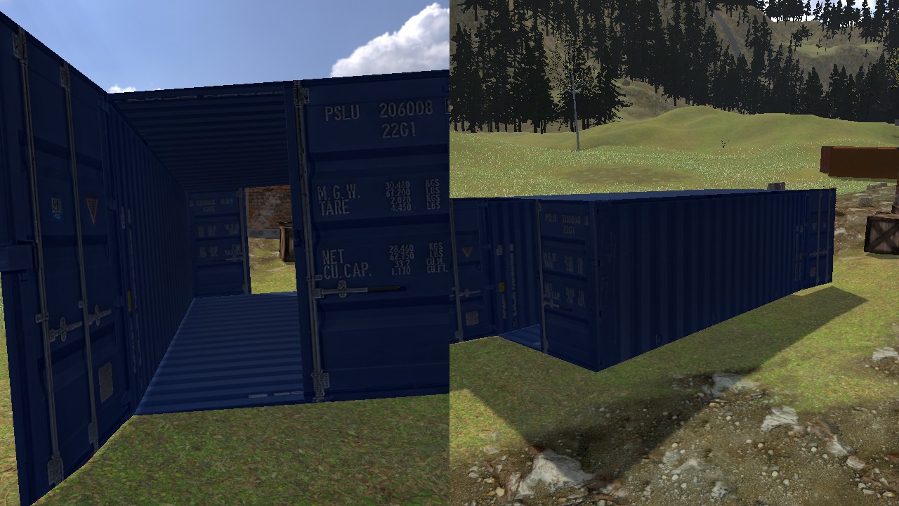 A blue shipping container with a door standing open, and the same from the side