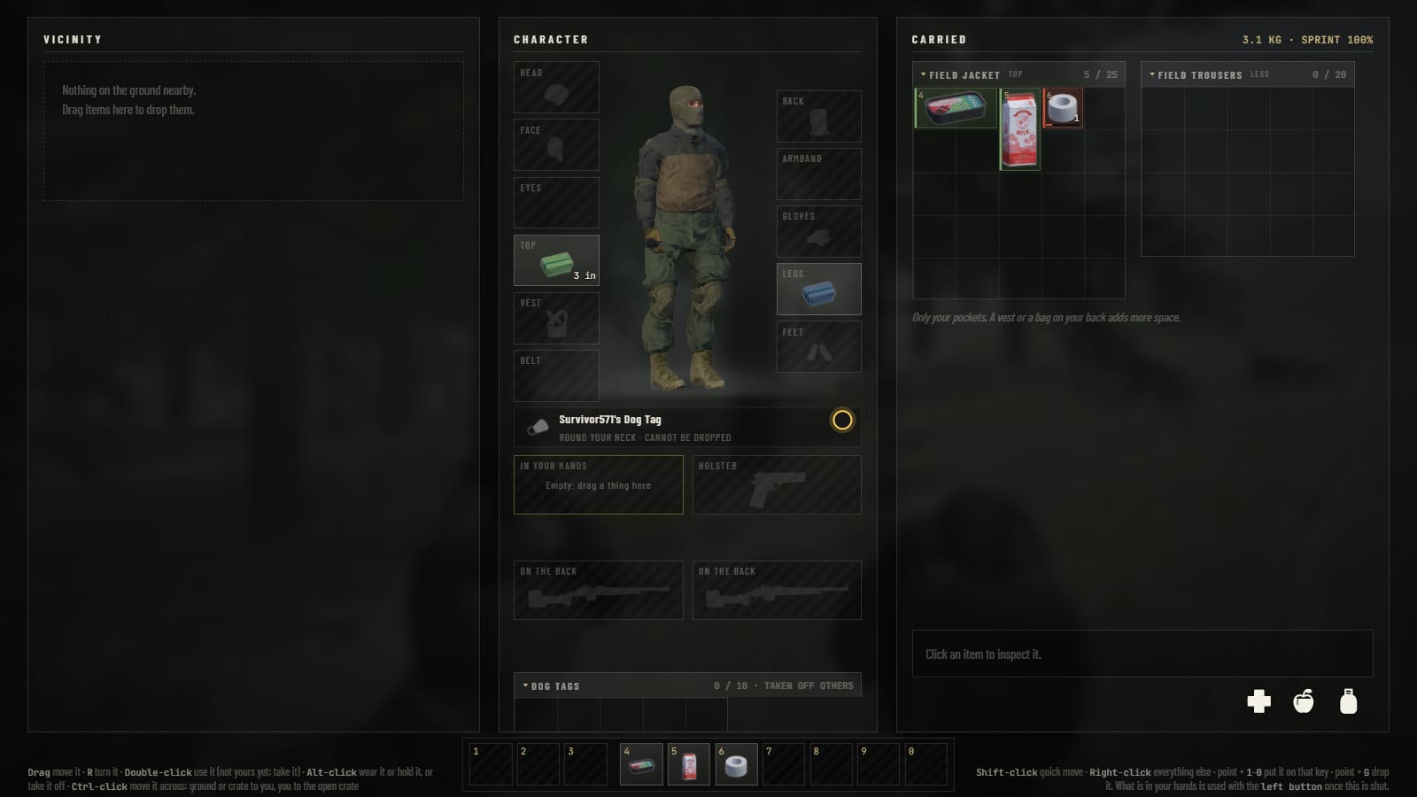 The inventory open, a yellow ring for a cursor beside the dog tag: the vicinity, the character with its places for what is worn, and what is carried