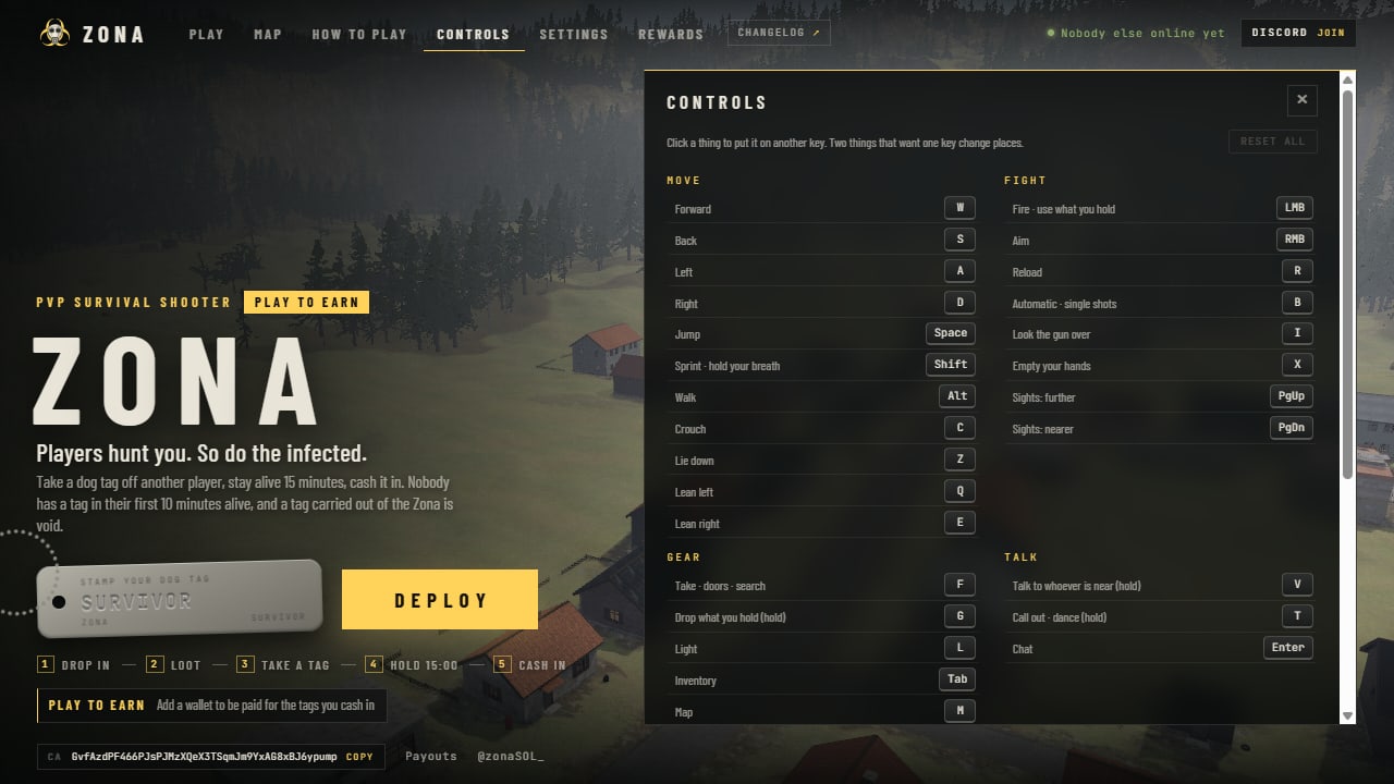 The Controls sheet of the menu: every action in four groups, Move, Fight, Gear and Talk, each with the key it is on, and a button to reset them all