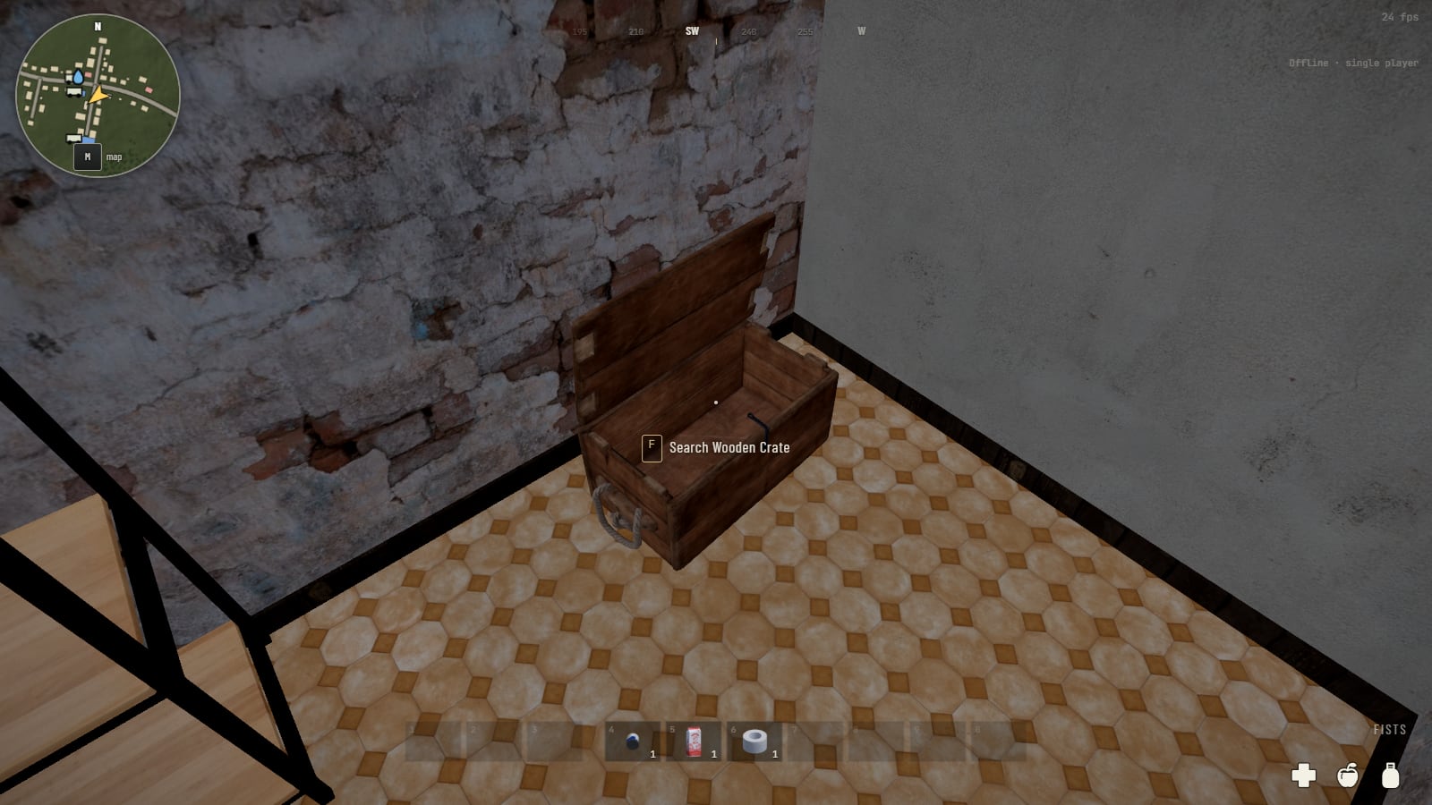 A wooden crate in the corner of a room with its lid lifted back on its hinges, and the line: search wooden crate