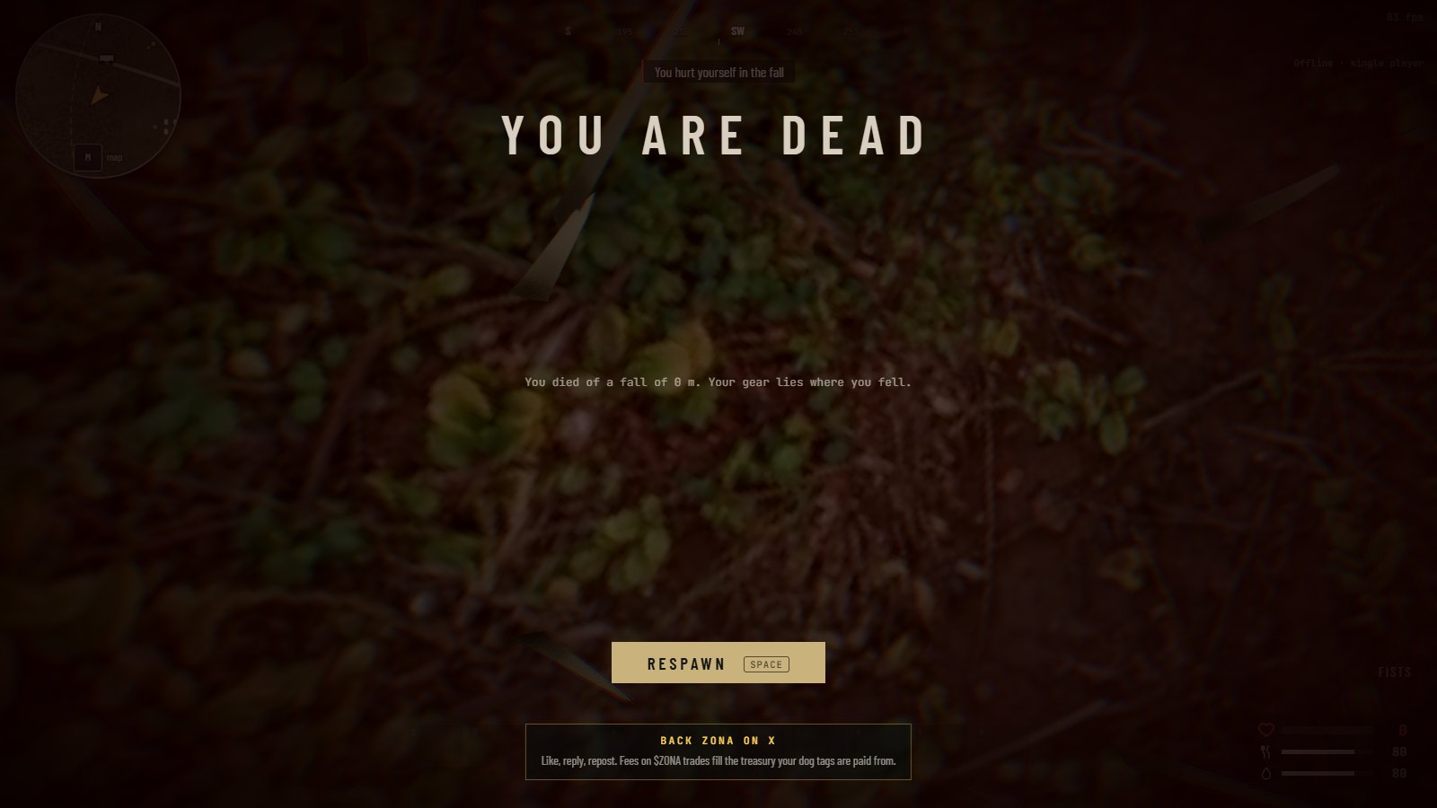 The screen of the dead: You are dead, and under it the Respawn button with the word Space in a small box beside it