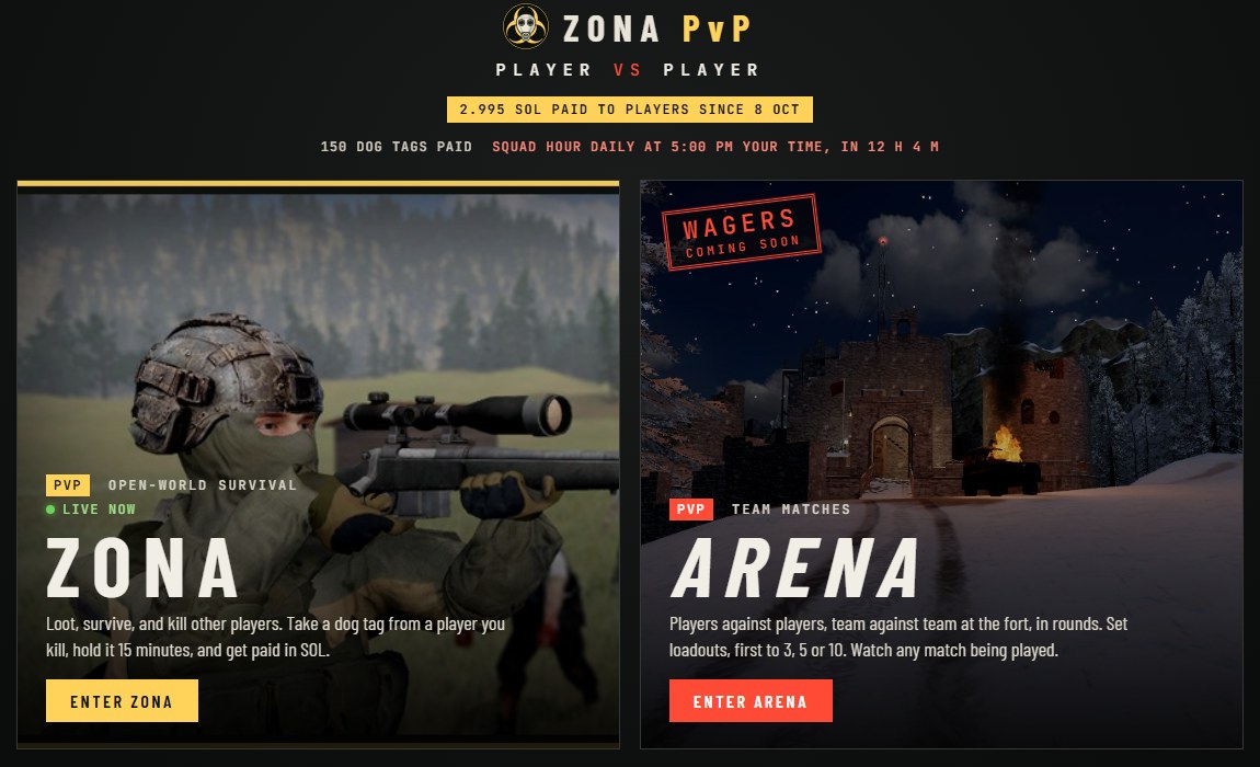 The door: ZONA PvP, Player vs Player, the paid line, and under it 150 dog tags paid and Squad hour daily at 5:00 PM your time, in 12 h 4 m; the Zona card says Live now