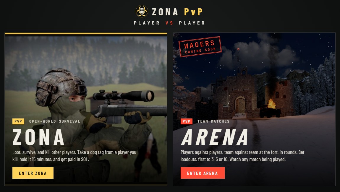 ZONA PvP, and under it Player vs Player, over two large cards: ZONA, tagged PvP, open-world survival, a soldier with a scoped rifle and the infected behind him, with an Enter Zona button; and ARENA, tagged PvP, team matches, the fort's gate at night with a jeep burning before it, a red stamp reading Wagers coming soon, and an Enter Arena button