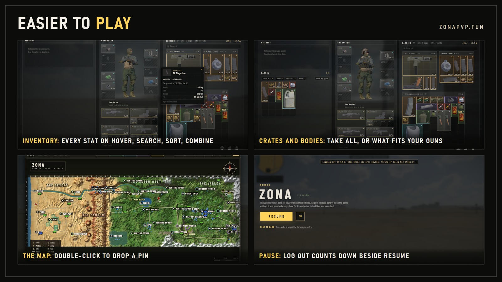 Four pictures: the inventory with an item card on hover; a crate with Take all and Fits my guns buttons; the big map with a pin and its distance; the pause screen with the log out countdown beside Resume