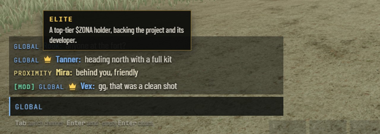 The chat with two names wearing a small gold crown, and over one of them a note: Elite, a top-tier ZONA holder, backing the project and its developer