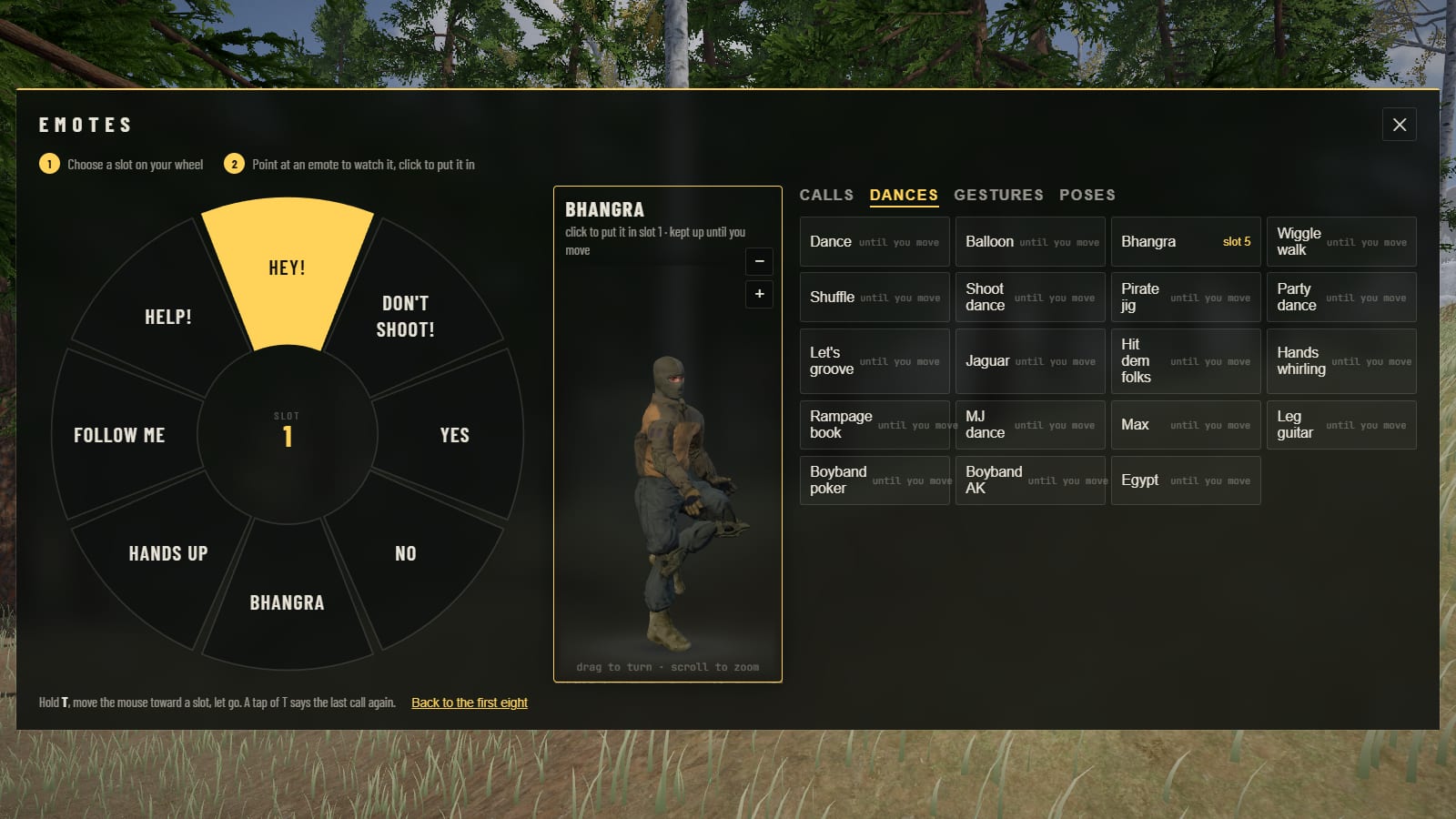 Emotes open over the game: the wheel of eight on the left with slot 1 chosen, the survivor in a narrow preview dancing Bhangra, and the list of dances to the right, Bhangra marked slot 5