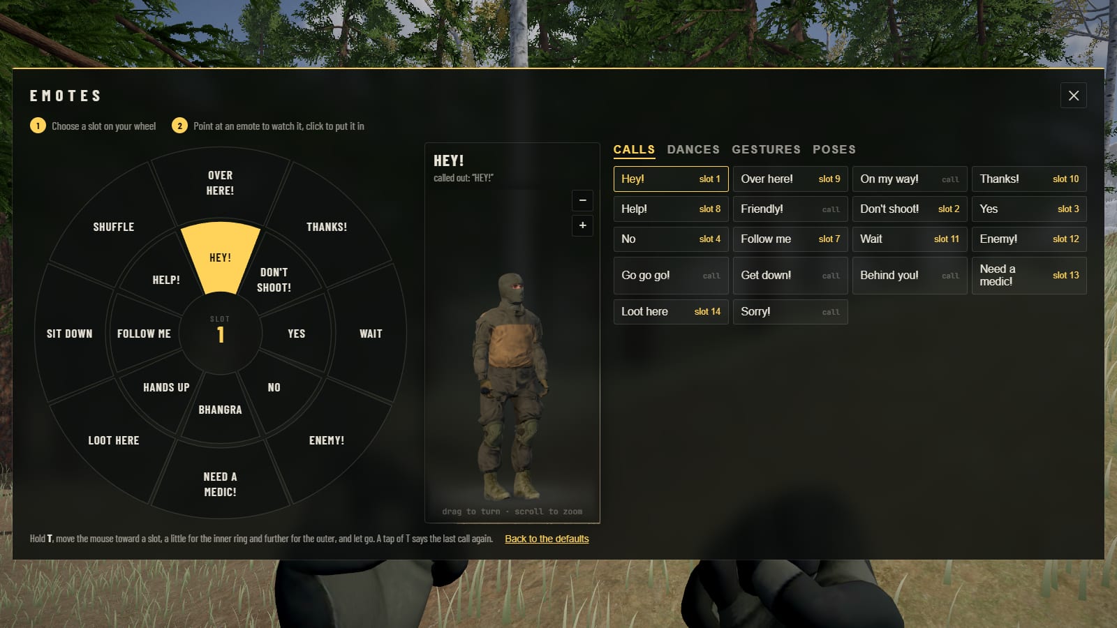 Emotes open over the game with both rings of the wheel on the left, the survivor in the middle and the list of calls on the right, each marked with its slot from 1 to 16
