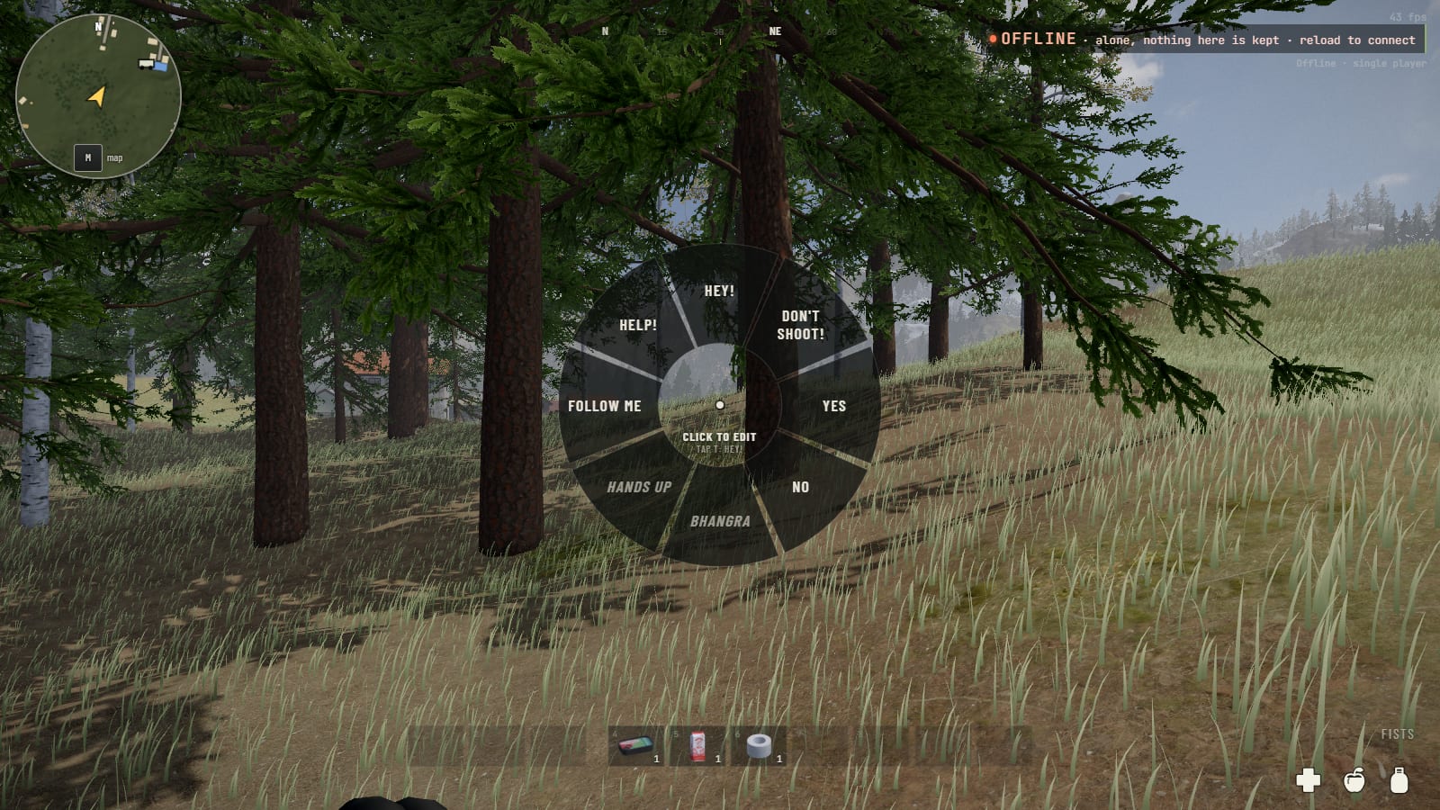 The emote wheel held up with T over the forest: Hey, Don't shoot, Yes, No, Bhangra, Hands up, Follow me, Help; in its middle: Click to edit