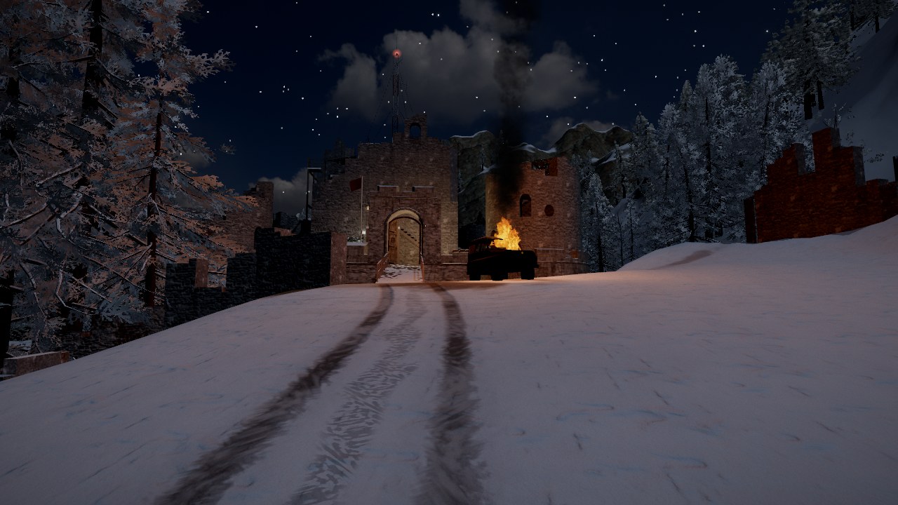 Night in the snow: wheel ruts lead up a slope to a stone fort's gate under a starry sky, a wrecked jeep burning before it lights the gate's arch and the two towers beside it warm orange, a red light at the top of a radio mast over the keep