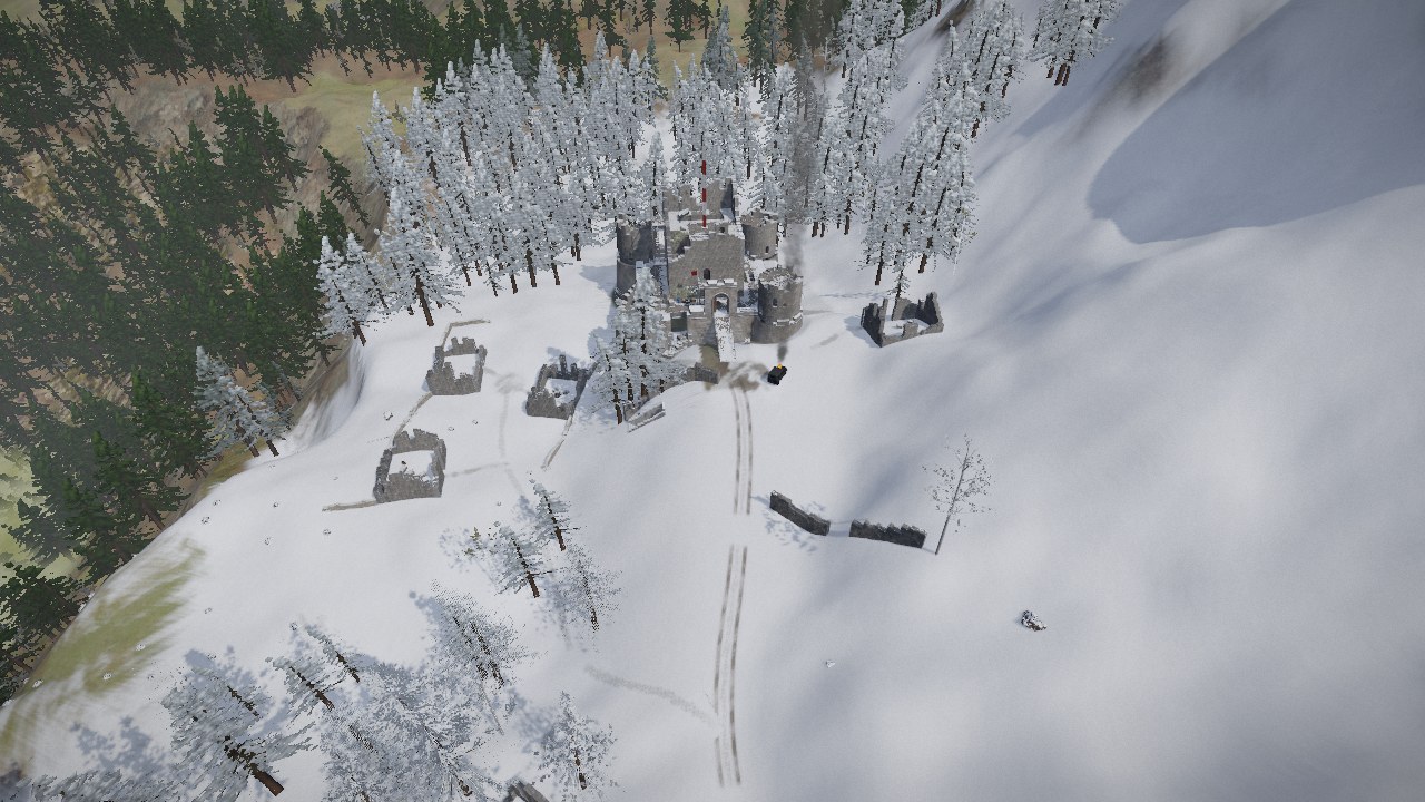 From the air over snow: a straight pair of ruts running up to the gate of a stone fort among white pines, a small dark wreck smoking beside the gate, roofless ruined houses off to the left and a low stone wall to the right