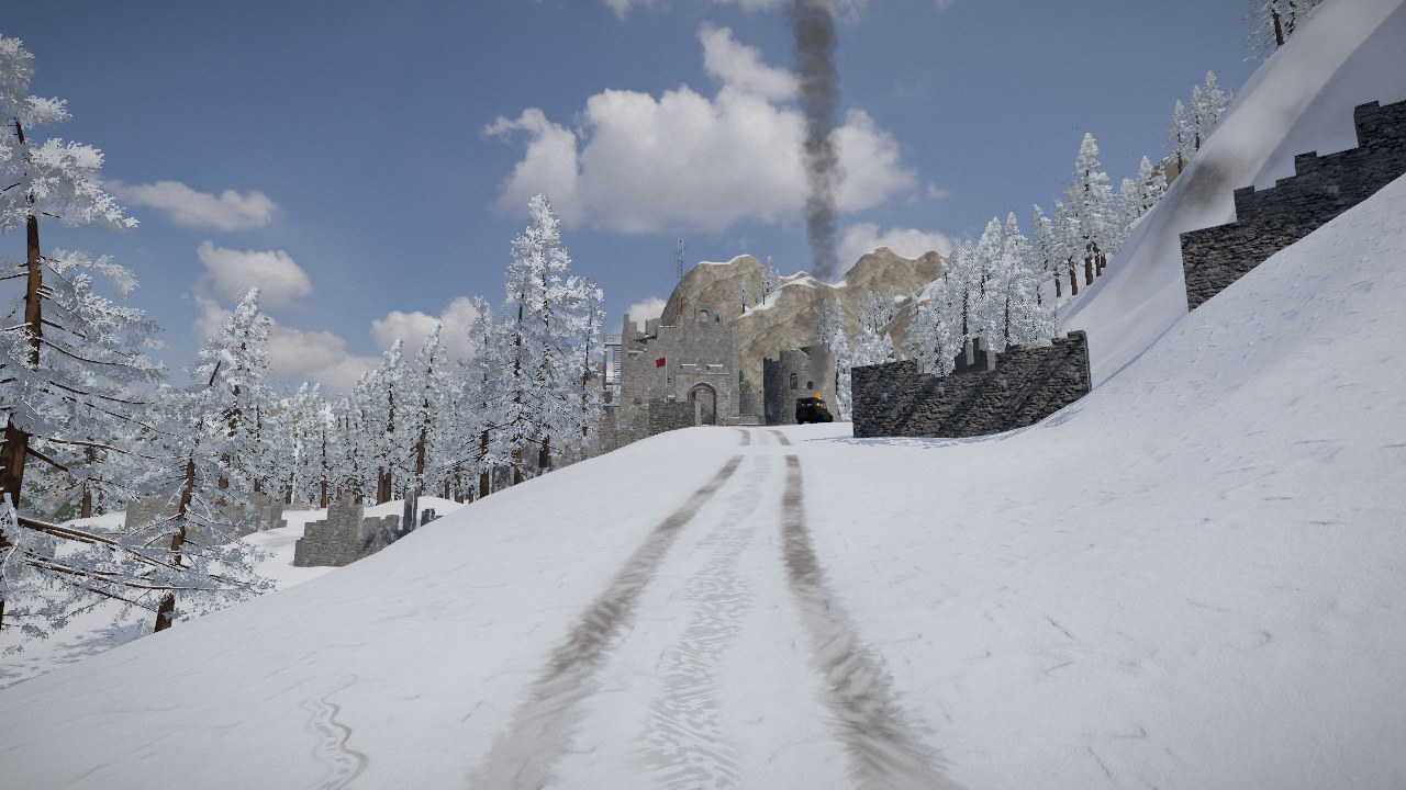 Daylight, first person on a snowy cart track with two brown ruts running up a rise toward a stone fort's gate, a column of black smoke rising beside it, frosted pines to the left and a dry-stone wall on the right