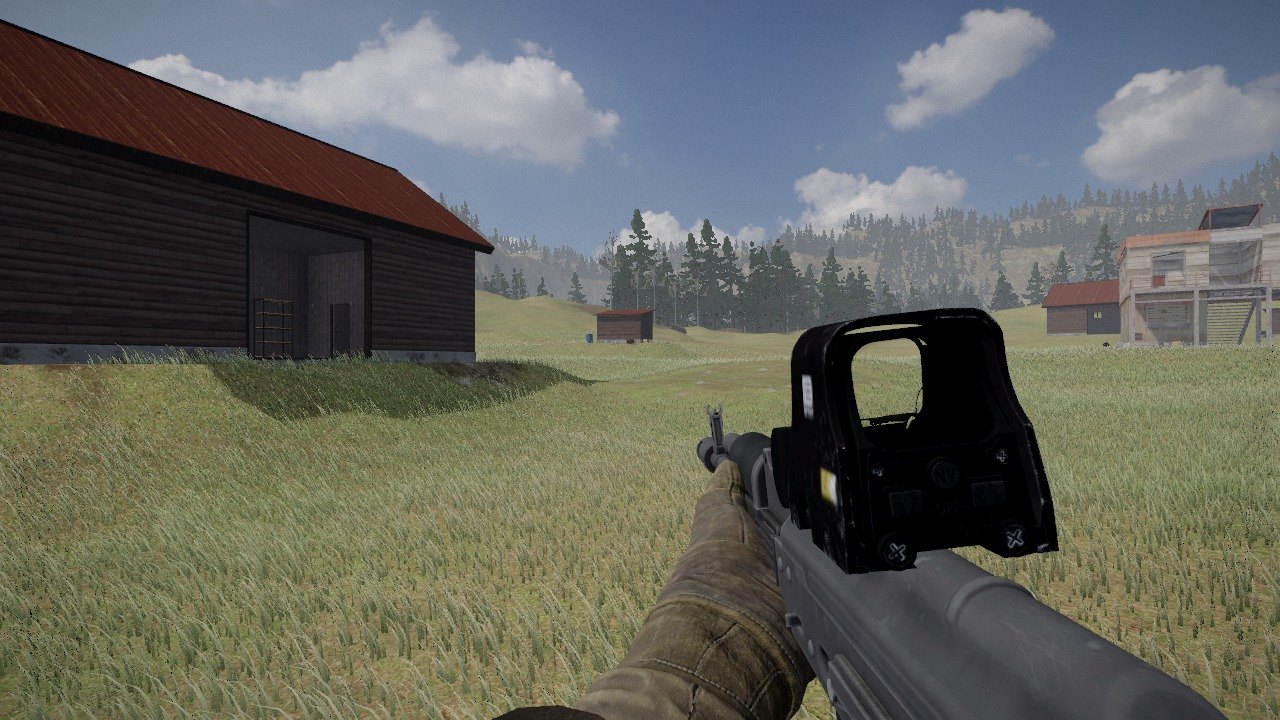 Seen from the eye: an AK with a holographic sight on its top cover