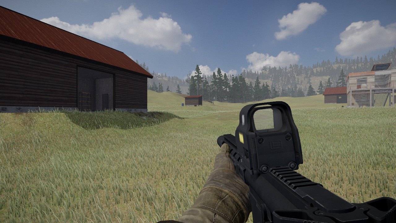 Seen from the eye: a black AR-15 with a holographic sight, a suppressor, a foregrip and a light fitted