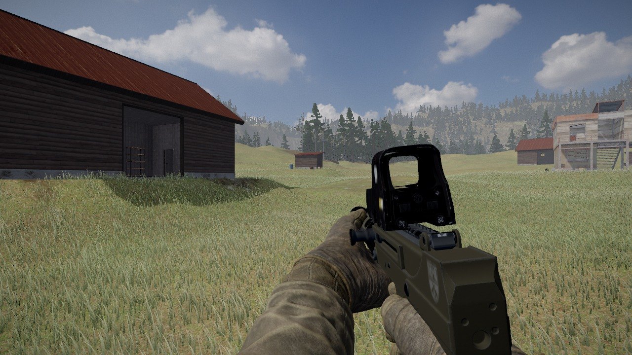 Seen from the eye: a submachine gun in olive paint held in two gloved hands, a holographic sight on the rail along its top