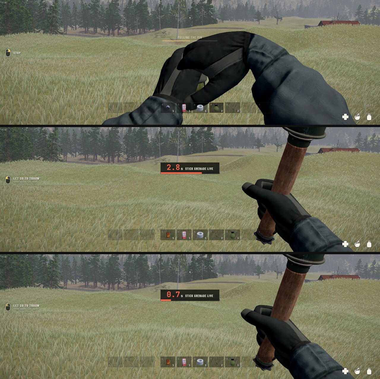 Three moments in first person in a meadow: two gloved hands pulling the pin of a round green grenade; then one raised fist holding it with a dark plate under the crosshair reading 2.4 seconds, frag grenade live; then the same with the seconds nearly gone