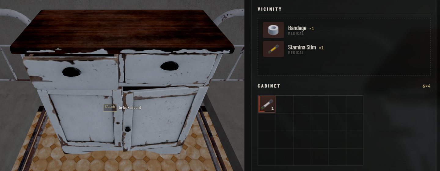A worn white cabinet in a house, and beside it the inventory open on it: a Cabinet panel six cells by four with a stim in it, under the things lying nearby