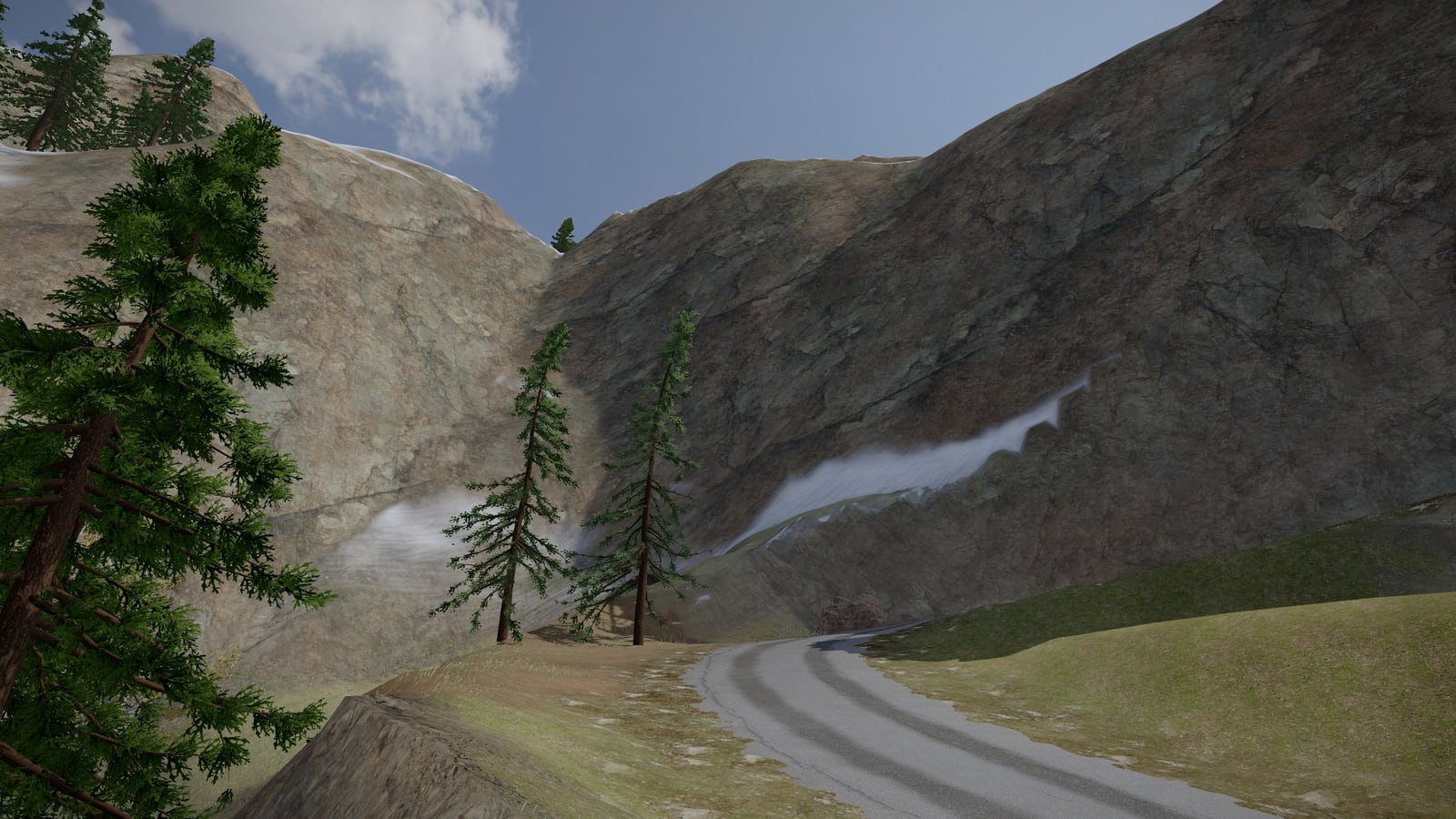 The mountain road rounding a bend under a steep face of bare brown rock with a streak of snow across it, pines beside the road