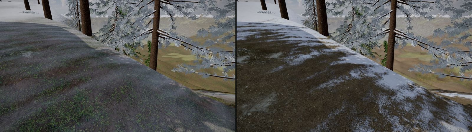 The edge of the snow under pines, twice, side by side. On the left, as it was: a flat grey film over the ground. On the right, now: snow lying in patches on brown earth, broken where the ground shows through