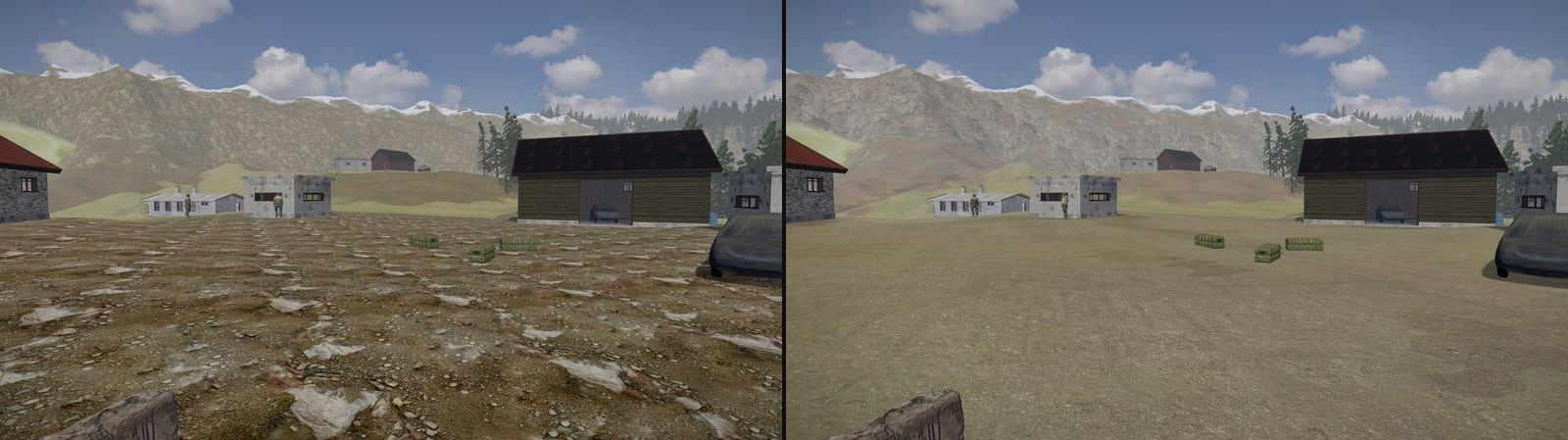 The same farmyard twice, side by side, with the village and the mountains behind. On the left, as it was: brown earth and pale stones in a pattern repeated in rows all the way to the houses. On the right, now: trodden earth with no pattern in it, and crags on the far hillside