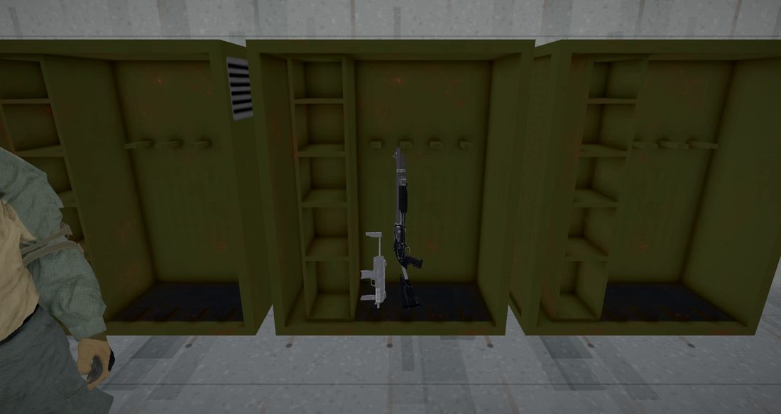 Three olive gun racks against a bunker wall, an MP7 and an AR-15 standing in the middle one