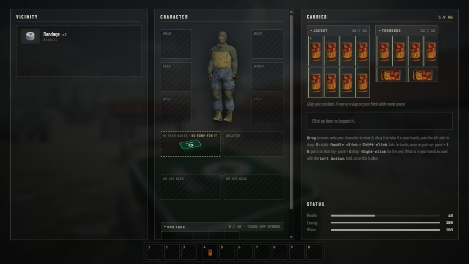 The inventory with every pocket full of tins. A first aid kit is in the box named In your hands, which has a dashed yellow edge and says: no room for it. A bandage lies in the list of what is nearby