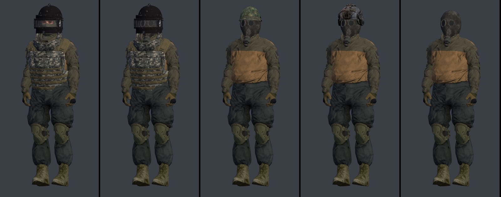 Five survivors standing in a row. The first in a K6-3 helmet with its steel and glass visor down over a bare face; the second with the visor down over a gas mask; the third in a steel helmet under a camouflage cover, over a gas mask; the fourth in a Combat Helmet over a gas mask; the fifth in a gas mask alone, with no hose and no filter can