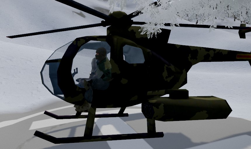 A camouflaged helicopter on a snowy pad, its dead pilot still sitting in the left seat behind the glass