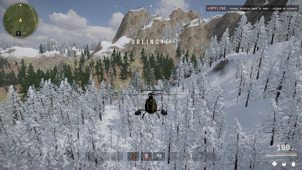 From behind and above, a small olive camouflaged helicopter flies over snowy pine forest toward rocky snow-streaked peaks, the word ORLINOYE over the mountain and 100 km/h on the speed readout